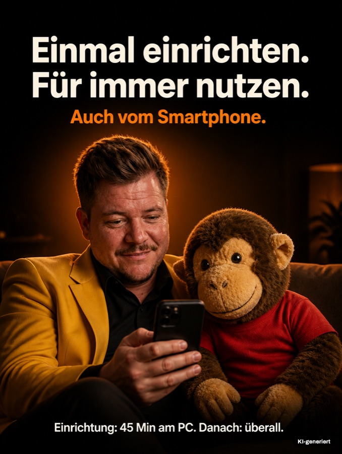 Gernot Pirker mit dem Affen-Maskottchen auf dem Sofa, beide schauen auf ein Handy: Einmal einrichten, fuer immer nutzen.
