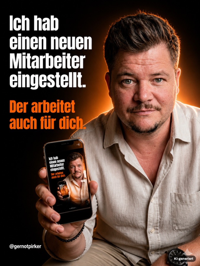 Gernot Pirker im hellen Hemd mit einem Handy: Ich hab einen neuen Mitarbeiter eingestellt, der arbeitet auch fuer dich.