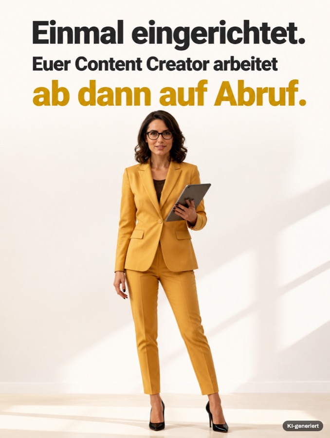 Frau im senffarbenen Anzug mit Tablet: Einmal eingerichtet, euer Content Creator arbeitet ab dann auf Abruf.