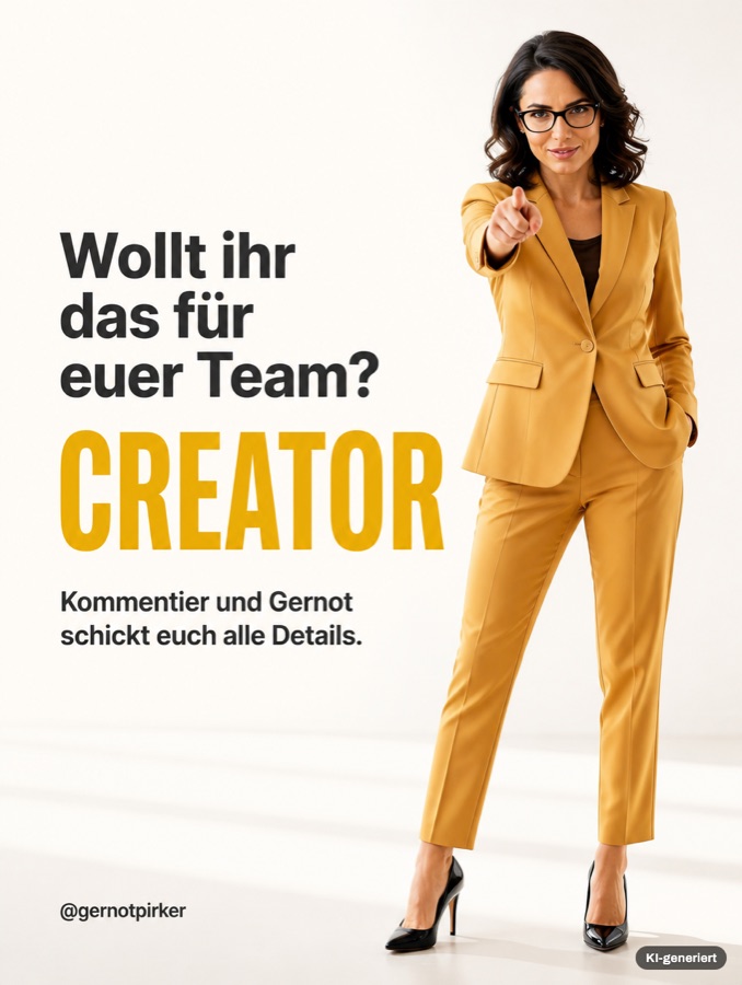 Frau im senffarbenen Anzug zeigt in die Kamera: Wollt ihr das fuer euer Team?