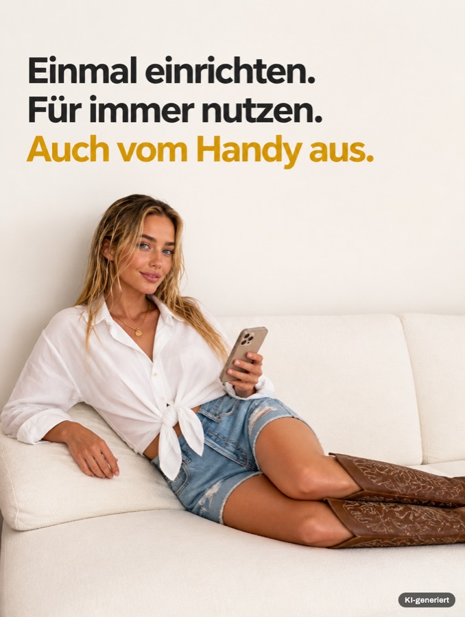Blonde Frau liegt mit dem Handy auf dem Sofa: Einmal einrichten, fuer immer nutzen, auch vom Handy aus.