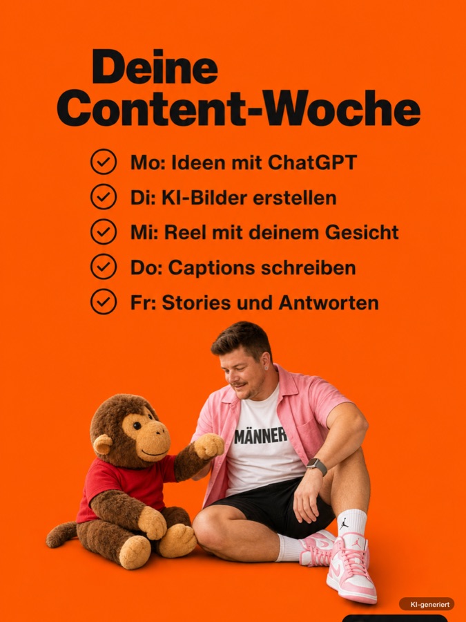 Oranger Slide mit Gernot Pirker und dem Affen-Maskottchen: deine Content-Woche als Wochenplan.