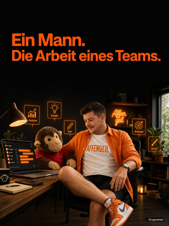 Foto-Slide mit Gernot Pirker und dem Maskottchen am Schreibtisch: ein Mann, die Arbeit eines Teams.