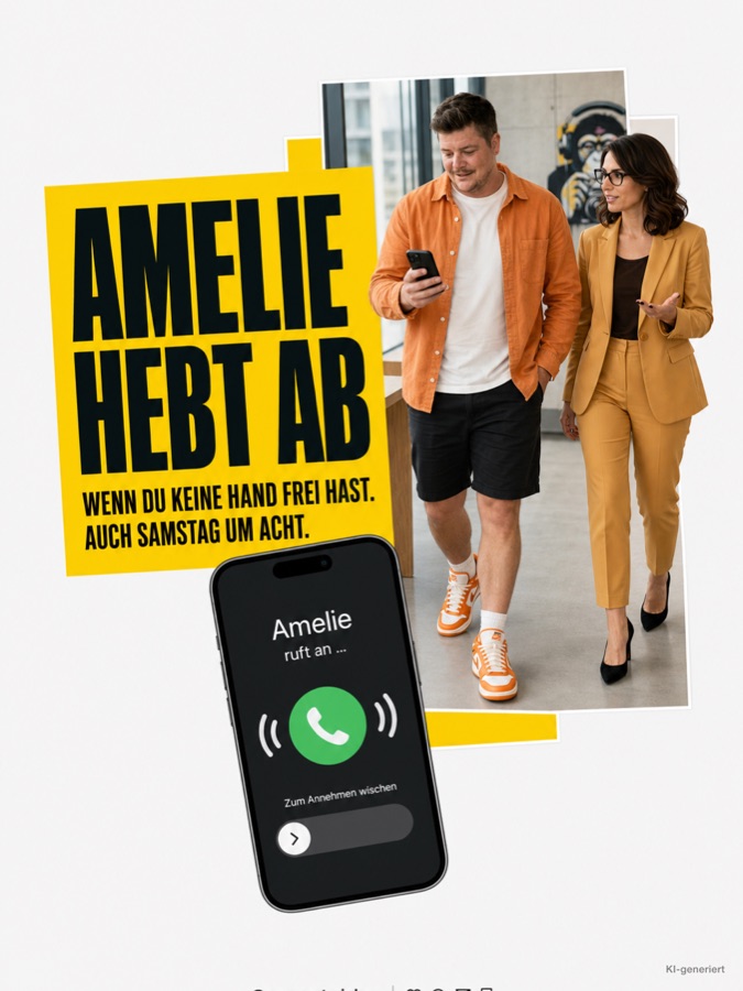 Slide mit gelben Typo-Bloecken: Amelie hebt ab. Foto einer Frau im orangen Anzug neben Gernot Pirker, dazu ein Handy mit eingehendem Anruf.