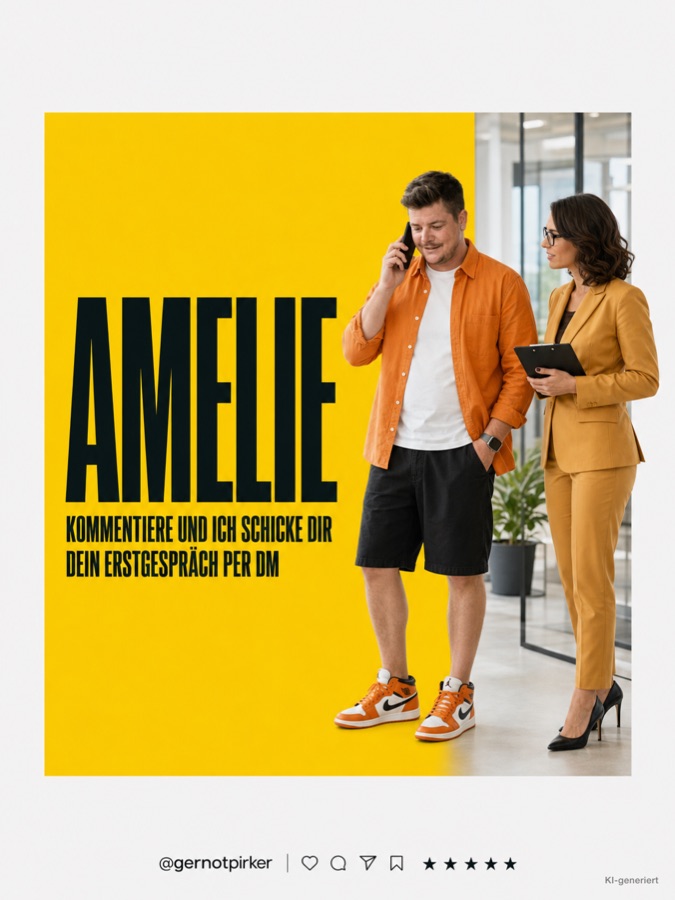Gelber Slide mit grossem Schriftzug Amelie: Foto einer Frau im orangen Anzug und Gernot Pirker am Telefon.